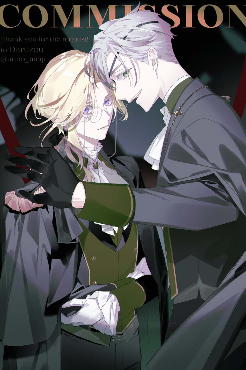 1boy 1girl :d absurdres androgynous anno_meiji ascot black_cape black_gloves black_jacket black_pants black_ribbon blonde_hair cape closed_mouth colored_eyelashes commission cowboy_shot crossdressing crossed_arms curtained_hair english_text epaulettes expressionless eyepatch frilled_sleeves frills glasses gloves green_eyes green_jacket green_vest grey_hair hair_ribbon highres jacket long_hair long_sleeves looking_at_viewer low_ponytail multicolored_clothes multicolored_jacket original outstretched_hand pants parted_bangs profile reverse_trap ribbon round_eyewear shadow short_hair sideways_glance skeb_commission sleeve_cuffs smile swept_bangs teeth twitter_username two-tone_jacket undercut upper_body upper_teeth_only vest violet_eyes white_ascot white_gloves
