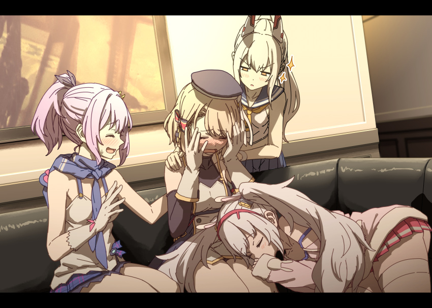 4girls animal_ears aoi_tiduru ascot ayanami_(azur_lane) azur_lane blue_hair blue_skirt blush bow camisole closed_eyes couch covering_face crop_top embarrassed gloves hair_bow hairband hands_on_another's_shoulders headgear high_ponytail highres jacket javelin_(azur_lane) laffey_(azur_lane) lap_pillow light_brown_hair long_hair multiple_girls neckerchief on_couch orange_eyes pink_jacket pleated_skirt ponytail purple_hair rabbit_ears red_skirt school_uniform serafuku shirt single_glove sitting skirt sleeping sleeveless sleeveless_shirt sparkle thigh-highs twintails white_camisole white_gloves white_hair white_serafuku white_thighhighs yellow_ascot yellow_neckerchief z23_(azur_lane)