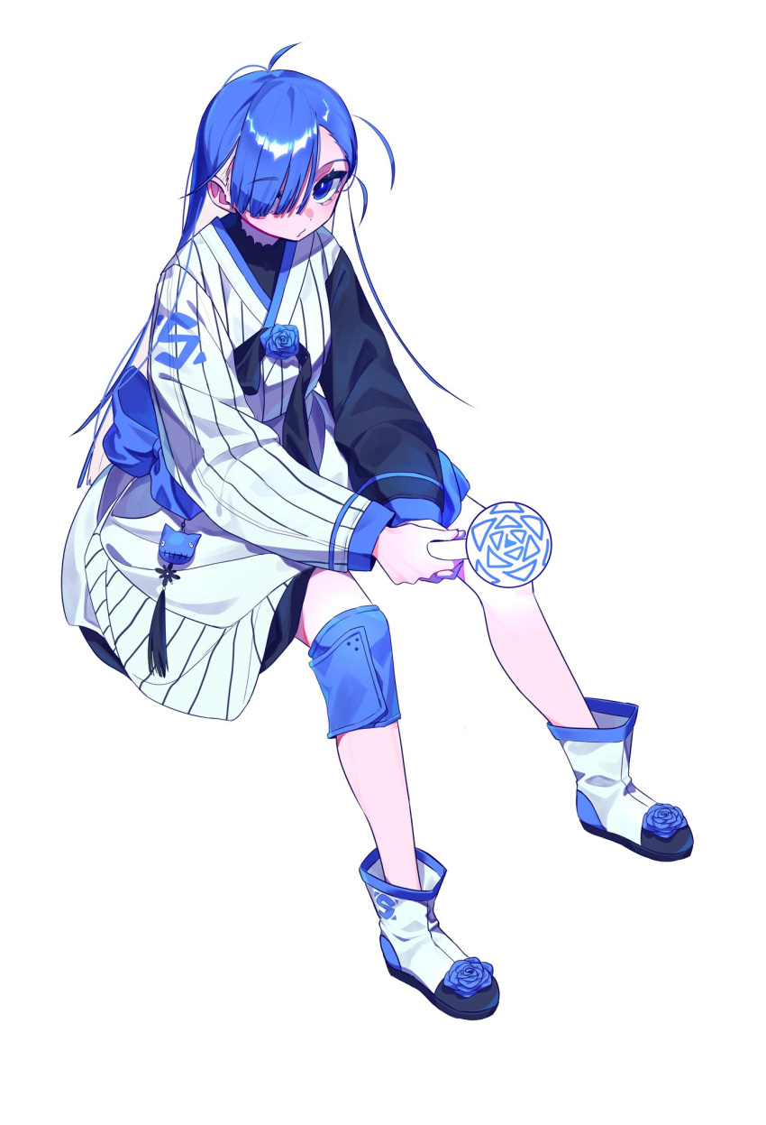 1girl ado_(utaite) ahoge black_bow black_bowtie blue_bow blue_eyes blue_flower blue_hair blue_rose bow bowtie cloud_nine_inc compression_sleeve flower flower_brooch full_body hair_over_one_eye highres holding invisible_chair long_hair long_sleeves looking_at_viewer merry_(ado) niwatonira readymade_(ado) rose shirt sitting solo white_footwear white_shirt