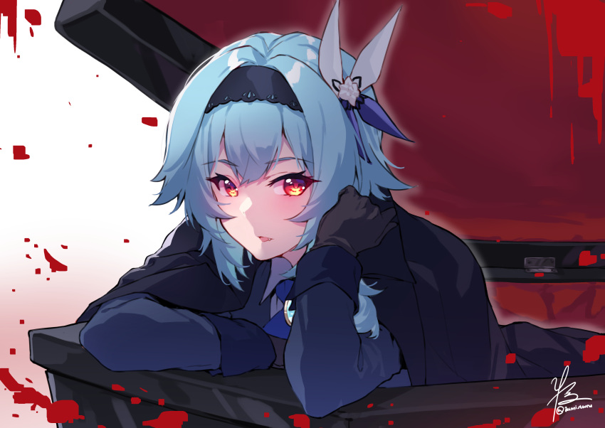 1girl absurdres alternate_costume black_gloves black_hairband blue_coat blue_hair coat coffin eula_(genshin_impact) fang genshin_impact gloves gradient_background hairband highres kimi_tsuru looking_at_viewer looking_to_the_side open_mouth red_eyes solo upper_body vampire vampire_costume vision_(genshin_impact) white_background