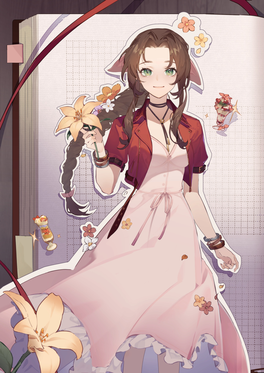 1girl absurdres aerith_gainsborough bangle bracelet braid braided_ponytail breasts brown_hair choker closed_mouth cowboy_shot cropped_jacket dress final_fantasy final_fantasy_vii final_fantasy_vii_rebirth final_fantasy_vii_remake flower flower_choker green_eyes hair_ribbon highres holding holding_flower jacket jewelry lilith-lily lily_(flower) long_dress long_hair looking_at_viewer medium_breasts parted_bangs photo_(object) pink_dress pink_ribbon red_jacket ribbon scrapbook short_sleeves sidelocks single_braid smile solo standing strawberry_parfait wavy_hair yellow_flower