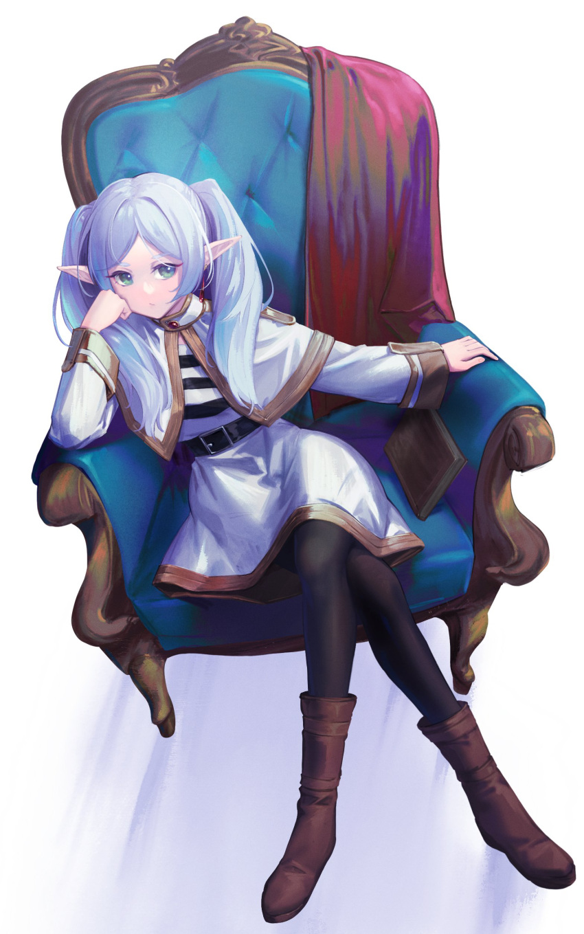1girl absurdres belt black_belt black_pantyhose book capelet chair clenched_hand elf frieren green_eyes grey_hair hand_on_own_cheek hand_on_own_face highres hiko_(hiko224556) long_hair pantyhose pointy_ears shirt sitting skirt solo sousou_no_frieren striped_clothes striped_shirt twintails white_background white_capelet white_skirt