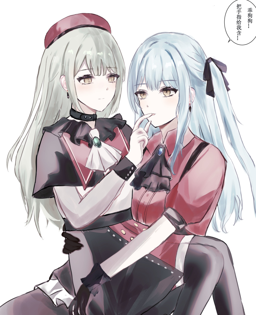 2girls absurdres ascot bang_dream! bang_dream!_it's_mygo!!!!! beret black_ascot black_choker black_thighhighs blue_brooch blue_hair brown_eyes chinese_commentary chinese_text choker closed_mouth commentary_request dress earrings finger_in_another's_mouth green_brooch green_hair hat highres jewelry long_hair long_sleeves multiple_girls one_side_up puffy_short_sleeves puffy_sleeves red_dress red_headwear see-through see-through_sleeves short_sleeves sidelocks sitting sitting_on_lap sitting_on_person thigh-highs togawa_sakiko translation_request wakaba_mutsumi white_ascot yingdaoyicha yuri