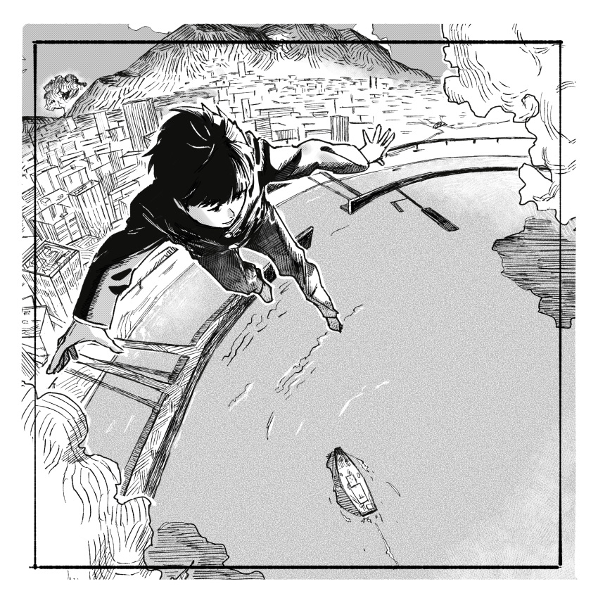 1boy absurdres border building clouds day flying from_above gakuran go-1202 greyscale highres kageyama_shigeo long_sleeves looking_down male_focus midair mob_psycho_100 monochrome mountain ocean outstretched_arms pants school_uniform ship ship_deck shore short_hair smile solo spread_arms watercraft