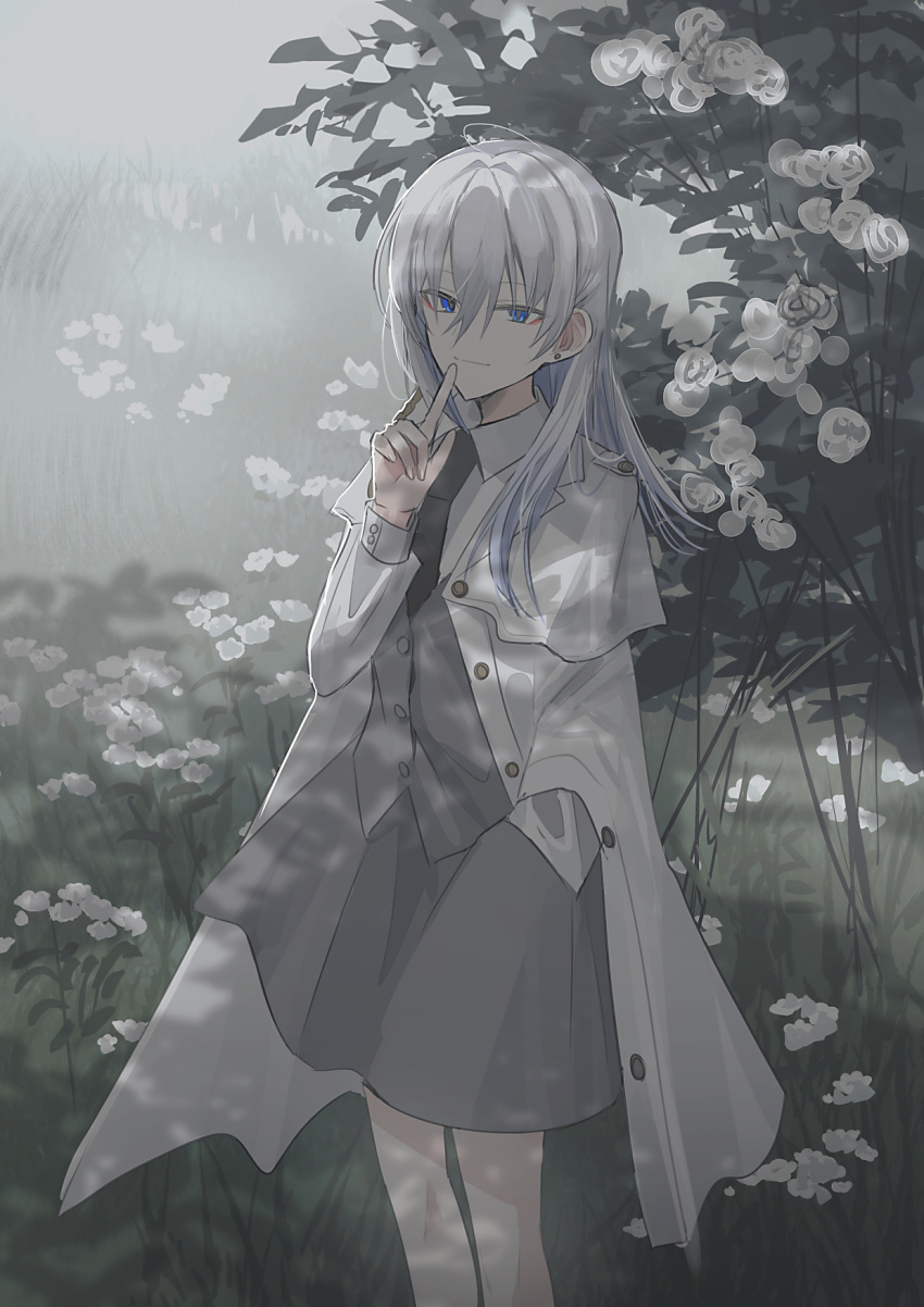 1girl black_necktie blue_eyes chihuri closed_mouth collared_shirt commentary_request day earrings ende_(chihuri) feet_out_of_frame flower grass grey_hair grey_skirt grey_vest hair_between_eyes hand_up highres jacket jewelry long_hair long_sleeves looking_at_viewer necktie open_clothes open_jacket original outdoors puffy_long_sleeves puffy_sleeves rose shirt skirt smile solo standing stud_earrings vest white_flower white_jacket white_rose white_shirt