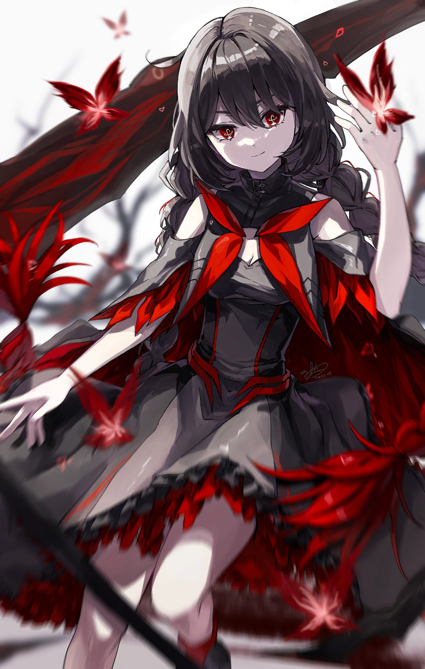 1girl absurdres black_dress black_hair braid bug butterfly cleavage_cutout clothing_cutout commentary cradle_(punishing:_gray_raven) dress hair_between_eyes highres long_hair punishing:_gray_raven red_butterfly red_eyes scythe short_sleeves shoulder_cutout solo sw_haze symbol-only_commentary twin_braids