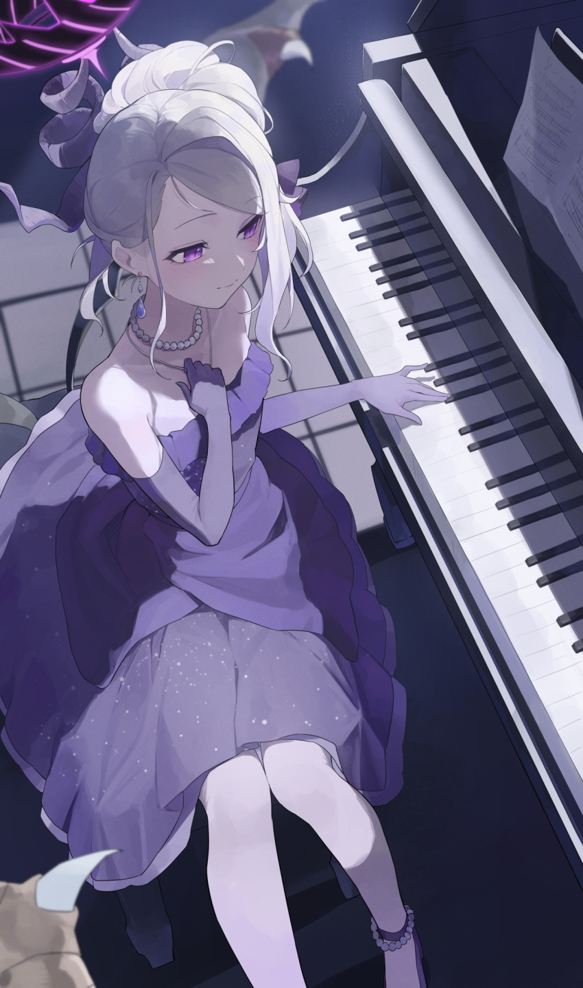 1girl black_horns blue_archive demon_horns dress earrings elbow_gloves gloves halo high_heels highres hina_(blue_archive) hina_(dress)_(blue_archive) horns instrument jewelry multiple_horns necklace official_alternate_costume official_alternate_hairstyle pantyhose pendant piano piano_keys purple_dress purple_footwear purple_gloves purple_pantyhose sitting solo strapless strapless_dress uohara_shinji