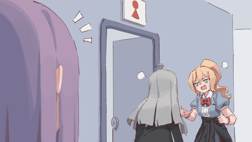 3girls ahoge angry arguing arms_at_sides bathroom_sign blonde_hair blue_shirt blush bow bowtie bracelet breasts buttons center_frills clenched_hand collared_shirt commentary_request dianthe_(rune_(dualhart)) door english_commentary facing_another facing_away fang frills from_behind green_eyes grey_hair hands_up highres indoors jewelry light_blush long_hair looking_at_another mixed-language_commentary multiple_girls notice_lines open_mouth original partial_commentary pointing ponytail puff_of_air puffy_short_sleeves puffy_sleeves purple_hair red_bow red_bowtie rune_(dualhart) shirt shirt_tucked_in short_sleeves sidelocks sign small_breasts standing upper_body v-shaped_eyebrows victoria_(rune_(dualhart)) yurina_(rune_(dualhart))