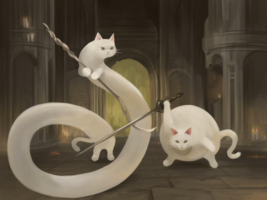 animal animal_focus brick_floor brown_eyes cat closed_mouth commentary dokomon elden_ring english_commentary highres holding holding_sword holding_weapon indoors looking_at_viewer no_humans sword weapon white_cat