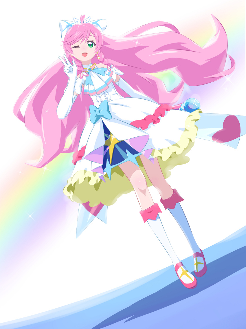 1girl 32zzz ahoge ascot asymmetrical_bangs blue_bow boots bow braid cure_prism dress earrings elbow_gloves flipped_hair frilled_dress frills gloves green_eyes hair_bow highres hirogaru_sky!_precure jewelry knee_boots layered_skirt long_hair one_eye_closed open_mouth pink_hair precure side_braids single_earring skirt sleeveless sleeveless_dress solo teeth upper_teeth_only very_long_hair waist_bow white_ascot white_bow white_dress white_footwear white_gloves wing_hair_ornament