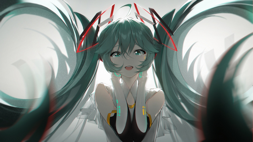 1girl absurdres ahoge black_gloves c-up chinese_commentary commentary crying crying_with_eyes_open elbow_gloves floating_headgear gloves glowing green_eyes green_hair grey_background hair_between_eyes hair_ornament hands_on_own_cheeks hands_on_own_face hands_up hatsune_miku headgear highres long_hair multicolored_clothes multicolored_gloves open_mouth shirt sleeveless sleeveless_shirt smile solo tears teeth twintails upper_body upper_teeth_only very_long_hair vocaloid white_gloves white_shirt