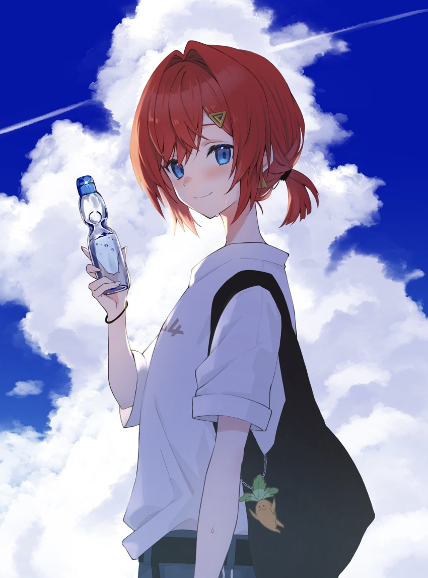 1girl alternate_costume ange_katrina black_bag blue_eyes blue_sky blush bottle closed_mouth clouds cloudy_sky commentary_request cowboy_shot cumulonimbus_cloud hair_intakes haruwo highres holding holding_bottle looking_at_viewer nijisanji outdoors ramune redhead shirt short_hair short_ponytail short_sleeves sky smile solo triangle_hair_ornament virtual_youtuber white_shirt