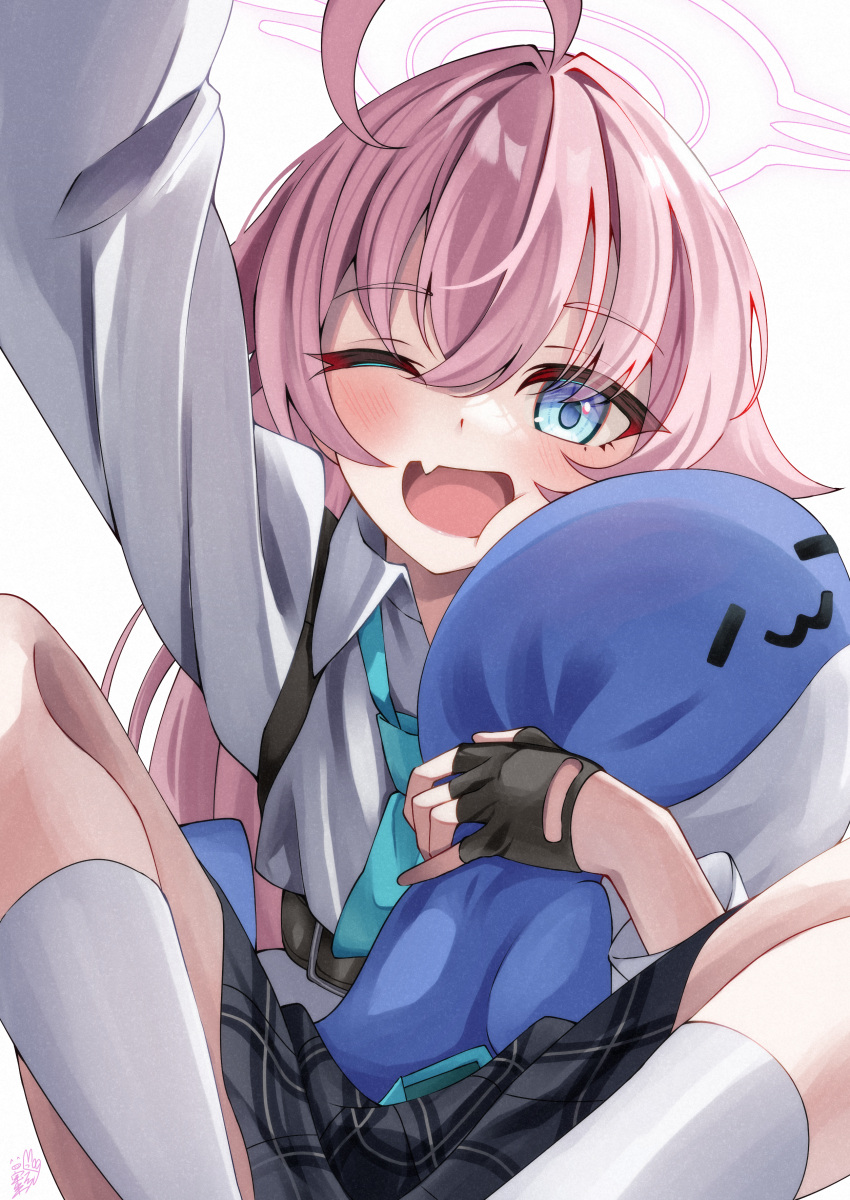 1girl absurdres ahoge aqua_necktie black_gloves black_skirt blue_archive blue_eyes blush chest_harness collared_shirt commentary_request fang fingerless_gloves gloves hair_between_eyes hair_flaps halo harness highres hoshino_(blue_archive) housei_fenoru huge_ahoge hugging_doll hugging_object indian_style long_hair long_sleeves looking_at_viewer necktie one_eye_closed open_mouth outstretched_arm pink_hair pink_halo plaid plaid_skirt pleated_skirt shirt simple_background sitting skin_fang skirt smile socks solo stuffed_whale white_background white_shirt white_socks