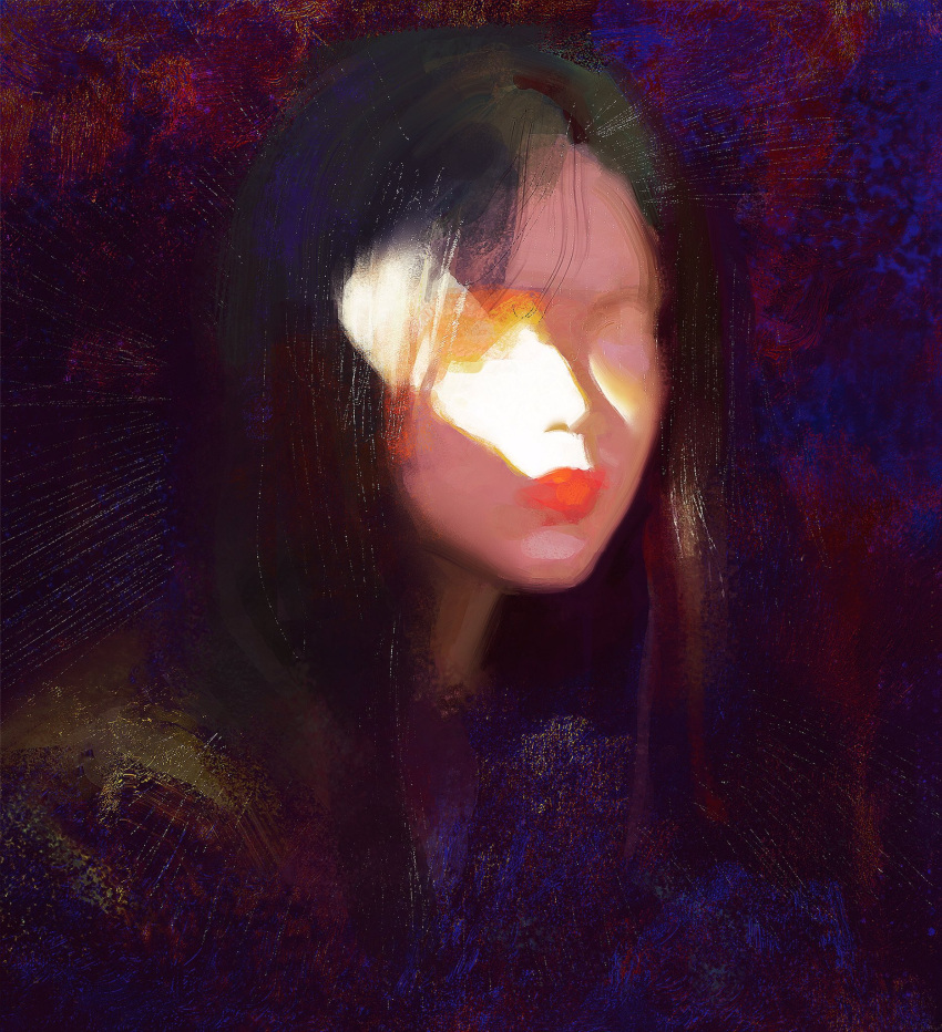 1girl abstract art_study black_hair closed_eyes closed_mouth commentary english_commentary facing_viewer faux_traditional_media highres lips long_hair original portrait realistic red_background red_lips solo upper_body yuming_li