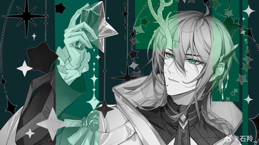 1boy absurdres alkaid_mcgrath antlers circlet cleavage_cutout cloak clothing_cutout ear_covers frilled_sleeves frills gem gloves green_background green_eyes greyscale_with_colored_background hair_between_eyes highres holding holding_gem horns layered_sleeves long_sleeves looking_at_object lovebrush_chronicles male_focus medium_hair parted_lips puffy_long_sleeves puffy_sleeves revealing_layer shiling shirt single_antler single_ear_cover solo spot_color star_(symbol) upper_body weibo_logo weibo_username