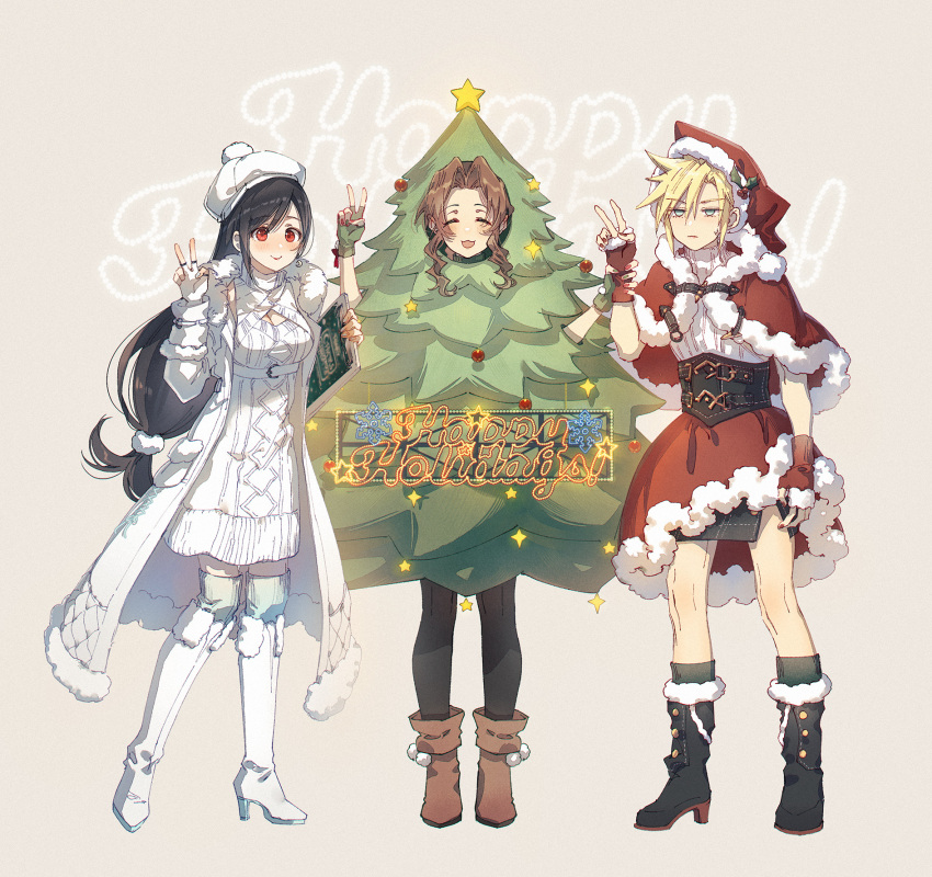 1boy 2girls aerith_gainsborough aerith_gainsborough_(cosplay) aerith_gainsborough_(fairy_of_snowfall) black_hair blonde_hair brown_hair capelet christmas christmas_tree_costume cloud_strife cosplay costume_switch crossdressing final_fantasy final_fantasy_vii final_fantasy_vii_ever_crisis fur_capelet hat highres holding_another's_wrist jitome kieta multiple_girls santa_hat skirt smile spiky_hair tifa_lockhart tifa_lockhart_(cosplay) tifa_lockhart_(fairy_of_the_holy_flame) v winter_clothes