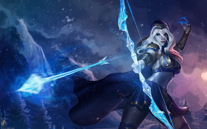 1girl absurdres ahri_(league_of_legends) arm_up arrow_(projectile) artist_name blue_cape blue_skirt blue_thighhighs bow_(weapon) breasts brown_gloves brown_pantyhose cape colored_skin fur-trimmed_cape fur_trim gloves glowing grey_hair grey_skin highres holding holding_bow_(weapon) holding_weapon hood hood_up hooded_cape large_breasts league_of_legends long_hair magic mountain outdoors pantyhose shoulder_plates signature skirt snow snowing solo themaestronoob thigh-highs weapon