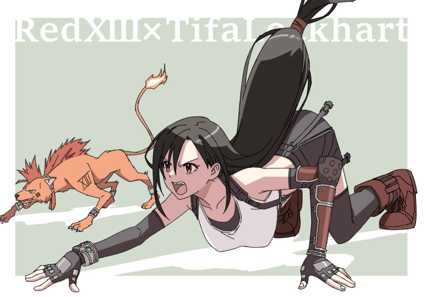1boy 1girl all_fours black_hair brown_eyes crop_top decoponmagi final_fantasy final_fantasy_vii final_fantasy_vii_rebirth final_fantasy_vii_remake fingerless_gloves gloves highres long_hair low-tied_long_hair open_mouth red_footwear red_fur red_xiii redhead single_arm_guard suspenders tattoo thigh-highs tifa_lockhart