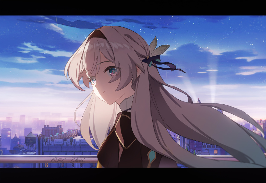 1girl blue_sky bow brown_shirt cityscape closed_mouth clouds collared_shirt eyes_visible_through_hair firefly_(honkai:_star_rail) from_behind grey_hair hair_bow hair_ornament hairband hetare_mizu highres honkai:_star_rail honkai_(series) letterboxed long_hair looking_at_viewer shirt sky smile solo star_(sky) starry_sky twitter_username upper_body very_long_hair violet_eyes