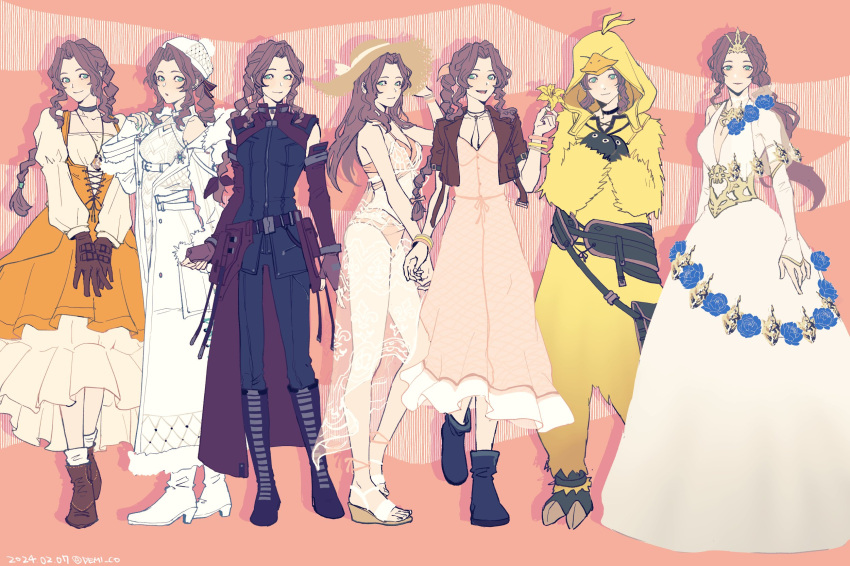 1girl aerith_gainsborough aerith_gainsborough_(chocobo_suit) aerith_gainsborough_(fairy_of_snowfall) aerith_gainsborough_(garnet's_gown) aerith_gainsborough_(prism_dress) aerith_gainsborough_(rosy_battle_suit) aerith_gainsborough_(sunny_robe) animal_hood bangle bare_shoulders belt bikini bird_hood black_bodysuit black_choker black_footwear blue_flower blue_rose bodysuit boots bracelet breasts brown_belt brown_footwear brown_gloves cable_knit cape cardigan chocobo choker cleavage_cutout closed_mouth clothing_cutout coat cosplay cropped_jacket crystal demi_co detached_sleeves dress dress_flower final_fantasy final_fantasy_vii final_fantasy_vii_ever_crisis final_fantasy_vii_remake fingerless_gloves flower flower_choker full_body fur-trimmed_coat fur_trim garnet_til_alexandros_xvii garnet_til_alexandros_xvii_(cosplay) gloves gold_trim green_eyes hair_ribbon halter_dress halterneck hands_on_own_chest happy_birthday hat high-low_skirt highres holding holding_flower hood jacket jewelry juliet_sleeves lily_(flower) long_coat long_dress long_sleeves looking_at_viewer low_ponytail medium_breasts midriff multiple_views official_alternate_costume onesie open_mouth orange_dress parted_lips pendant pink_background pink_bikini pink_dress pink_ribbon plunging_neckline puffy_long_sleeves puffy_sleeves red_cape red_jacket red_sleeves ribbon rose sandals see-through see-through_sleeves short_sleeves smile straw_hat sun_hat swimsuit tiara toeless_footwear underbust v_arms waist_cape white_belt white_cardigan white_coat white_dress white_footwear white_fur white_gloves white_headwear white_sleeves winter_clothes winter_coat yellow_flower