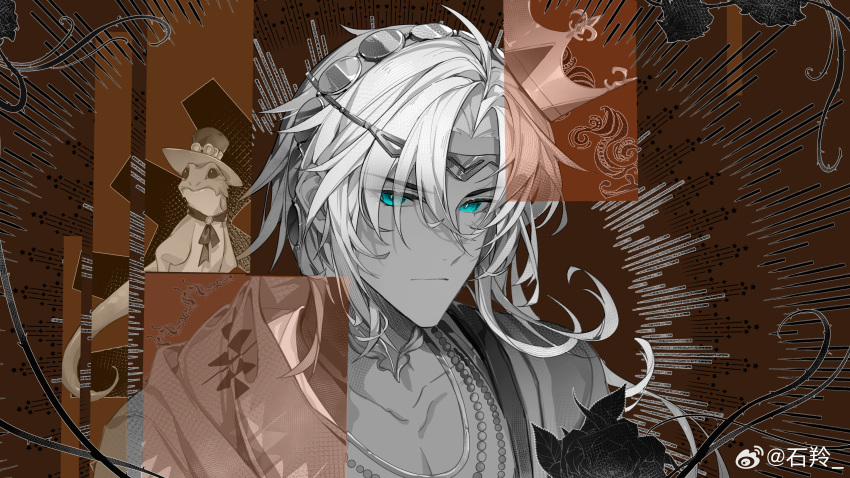 1boy absurdres animal animal_on_shoulder aqua_eyes circlet cloak closed_mouth clothed_animal crown curtained_hair dark-skinned_male dark_skin expressionless flower gears greyscale_with_colored_background highres jewelry lars_rorschach lizard long_hair looking_at_viewer lovebrush_chronicles male_focus necklace open_clothes open_robe parted_bangs red_background revealing_layer robe rose shiling shirt solo spot_color sunburst turtleneck upper_body weibo_logo weibo_username