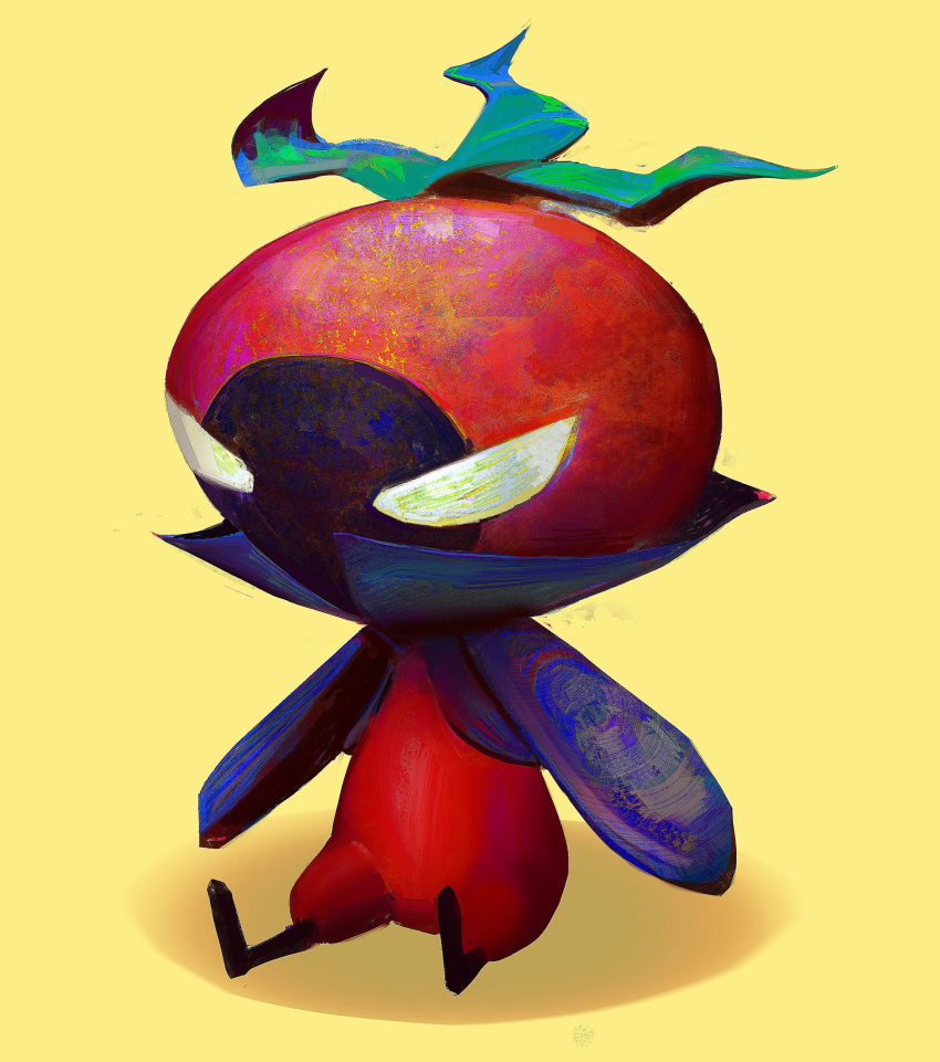blue_jacket chibi commentary creature evil_eyes faux_traditional_media food fruit full_body highres jacket leaf looking_at_viewer no_humans personification shadow simple_background sitting solo symbol-only_commentary tomato yellow_background yuming_li
