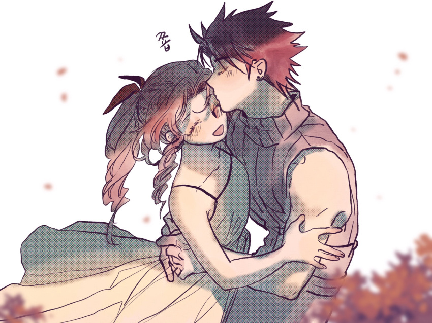 1boy 1girl aerith_gainsborough arms_around_waist belt black_hair blurry blush brown_hair closed_eyes commentary couple crisis_core_final_fantasy_vii depth_of_field dress earrings final_fantasy final_fantasy_vii foliage hair_ribbon hand_on_another's_arm happy hetero highres hug jewelry kiss kissing_forehead korean_text long_hair multiple_belts nul open_mouth pants parted_bangs ponytail red_petals red_ribbon ribbon short_hair sidelocks sleeveless sleeveless_turtleneck smile spiky_hair stud_earrings symbol-only_commentary translation_request turtleneck upper_body wavy_hair white_background white_dress zack_fair