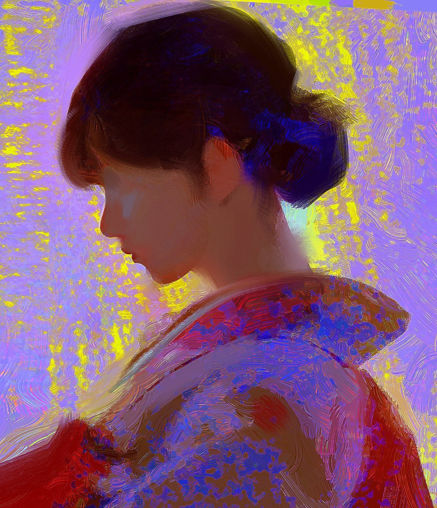 1girl abstract art_study black_hair brown_hair closed_mouth colorful commentary english_commentary faux_traditional_media from_side hair_bun highres japanese_clothes kimono lips nape original portrait profile purple_background short_hair single_hair_bun sketch solo upper_body yuming_li