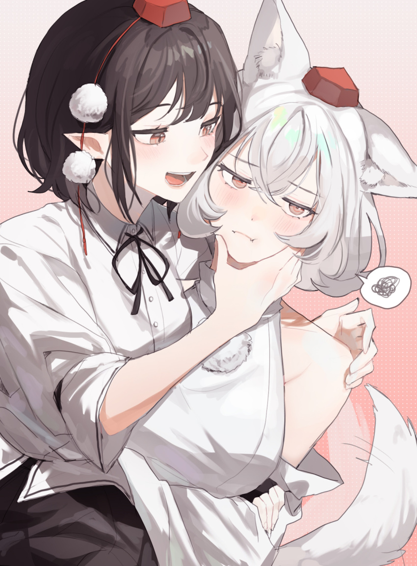 2girls animal_ear_fluff animal_ears bare_shoulders black_hair black_ribbon blush breasts brown_eyes collared_shirt commentary_request crossed_arms crossed_bangs detached_sleeves gradient_background hair_between_eyes hand_on_another's_chin hand_on_another's_shoulder hat highres inubashiri_momiji long_sleeves looking_at_another looking_at_viewer medium_breasts multiple_girls neck_ribbon open_mouth pink_background pointy_ears pom_pom_(clothes) pout ribbon sarukana shameimaru_aya shirt short_hair simple_background sleeve_garter smile spoken_squiggle squiggle tail teeth tokin_hat tongue touhou upper_body white_hair white_shirt wide_sleeves wolf_ears wolf_girl wolf_tail
