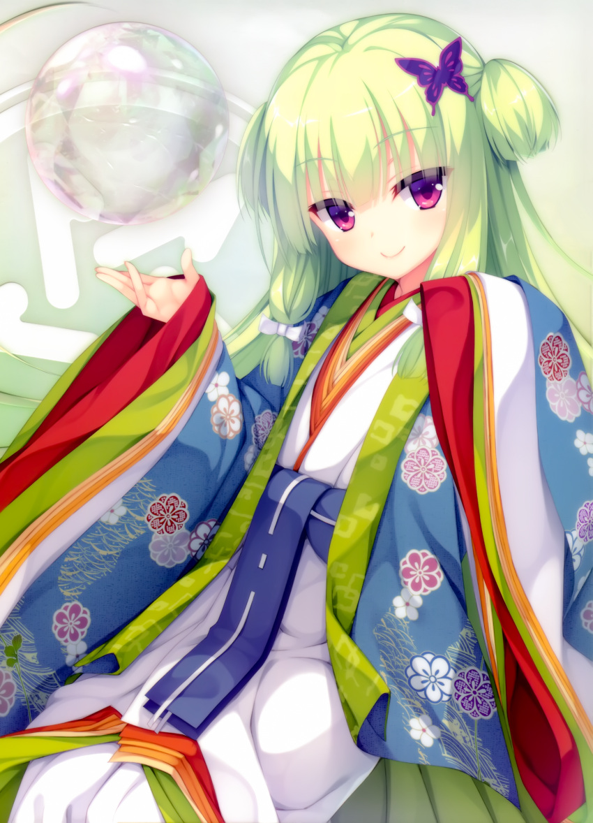 1girl absurdres alternate_costume blue_kimono blunt_bangs blush bow butterfly_hair_ornament c: closed_mouth eyes_visible_through_hair floral_print green_hair grey_background hair_bow hair_ornament hands_up highres hime_cut japanese_clothes kimono lips long_hair looking_at_viewer low-tied_long_hair multicolored_clothes multicolored_kimono murasame_(senren) muririn official_art photoshop_(medium) print_kimono red_eyes scan senren_banka sidelocks simple_background sleeves_past_wrists smile soap_bubbles solo straight_hair third-party_edit two_side_up very_long_hair white_bow white_kimono