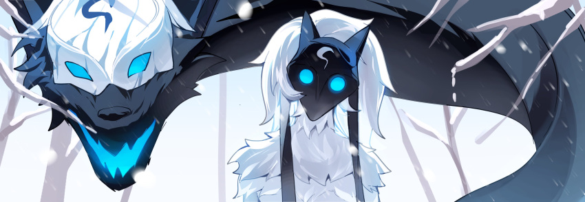 1girl absurdres body_fur dubu_(dubus2) furry furry_female glowing glowing_eyes gradient_background green_eyes highres kindred_(league_of_legends) lamb_(league_of_legends) league_of_legends long_hair mask no_pupils open_mouth outdoors snowing tree white_fur white_hair wolf_(league_of_legends)