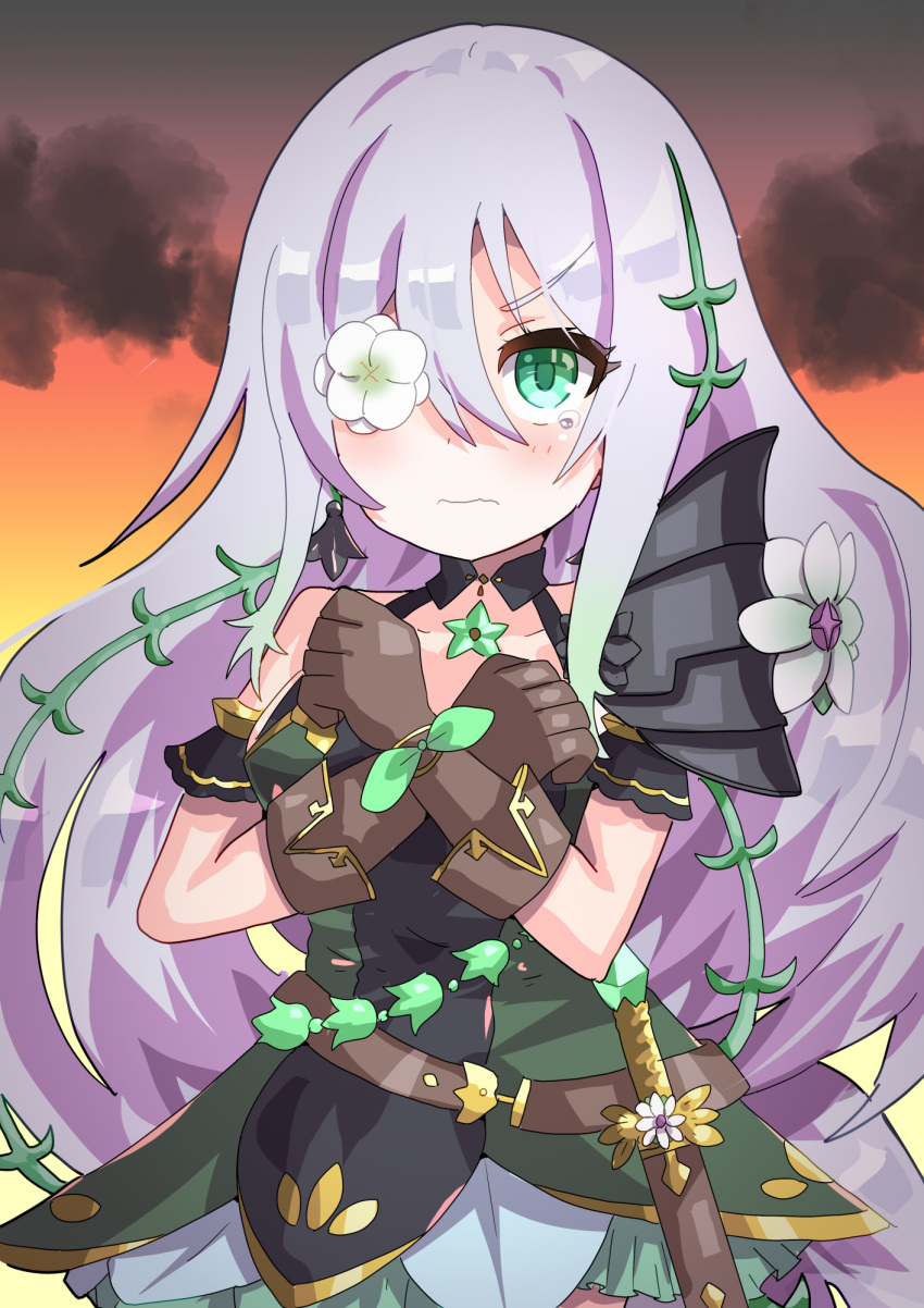 1girl anemone_(princess_connect!) blush breasts closed_mouth clouds collarbone commentary_request covering_breasts covering_privates eyepatch flower green_eyes hair_between_eyes hair_ornament highres jewelry long_hair looking_at_viewer necklace princess_connect! small_breasts solo syalm tearing_up tears violet_eyes
