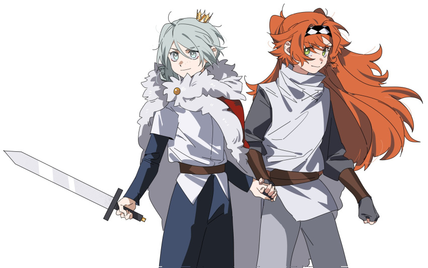 2girls belt blue_pants blue_shirt braid bright_pupils cape checkered_hairband closed_mouth commentary crown fingerless_gloves freckles fur-trimmed_cape fur_trim gloves green_eyes grey_eyes grey_gloves grey_hair grey_pants grey_shirt hair_bun highres holding holding_hands holding_sword holding_weapon knight layered_sleeves long_hair long_sleeves looking_at_viewer mini_crown molu_stranger multiple_girls orange_hair pants reverse:1999 shirt short_over_long_sleeves short_sleeves side_braid simple_background single_side_bun smile sonetto_(reverse:1999) sword symbol-only_commentary two_side_up vertin_(reverse:1999) weapon white_background white_pupils white_shirt