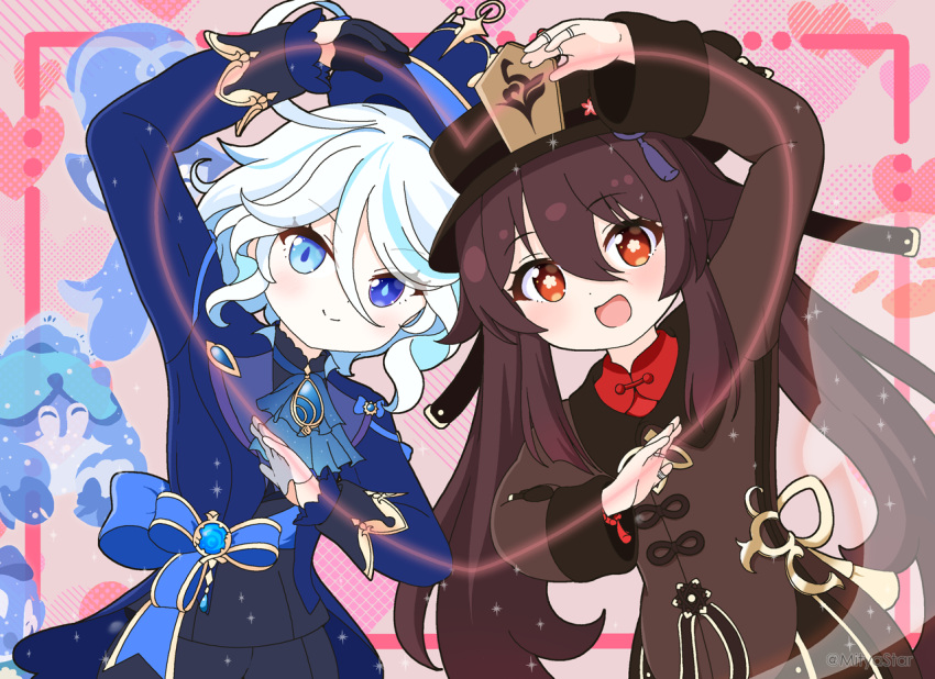 2girls black_gloves blue_eyes blue_hair blue_headwear blue_jacket brown_coat brown_hair brown_headwear closed_mouth coat commentary dot_nose drop-shaped_pupils flower-shaped_pupils furina_(genshin_impact) genshin_impact gloves hair_between_eyes half_gloves hat heart heterochromia hu_tao_(genshin_impact) jacket jewelry long_hair long_sleeves looking_at_viewer medium_hair mismatched_pupils mitya multicolored_hair multiple_girls multiple_rings open_mouth red_eyes ring smile streaked_hair symbol-shaped_pupils top_hat twintails two-tone_hair upper_body white_gloves white_hair