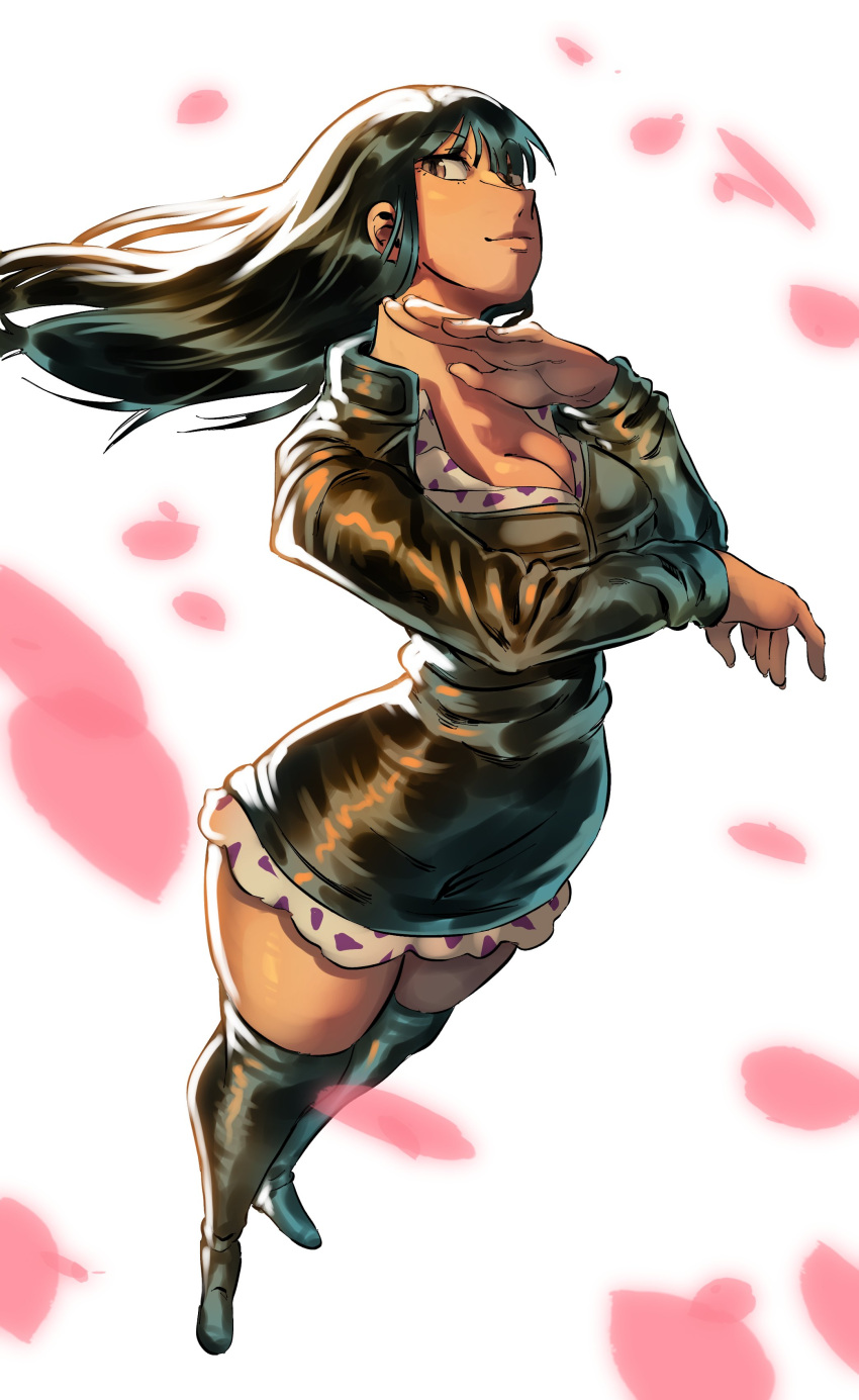 1girl absurdres black_dress black_footwear black_hair blunt_bangs boots brown_eyes crossed_arms dress english_commentary floating_hair from_above haidenisa highres leather_dress long_hair looking_to_the_side nico_robin one_piece petals short_dress sidelocks smile thigh_boots