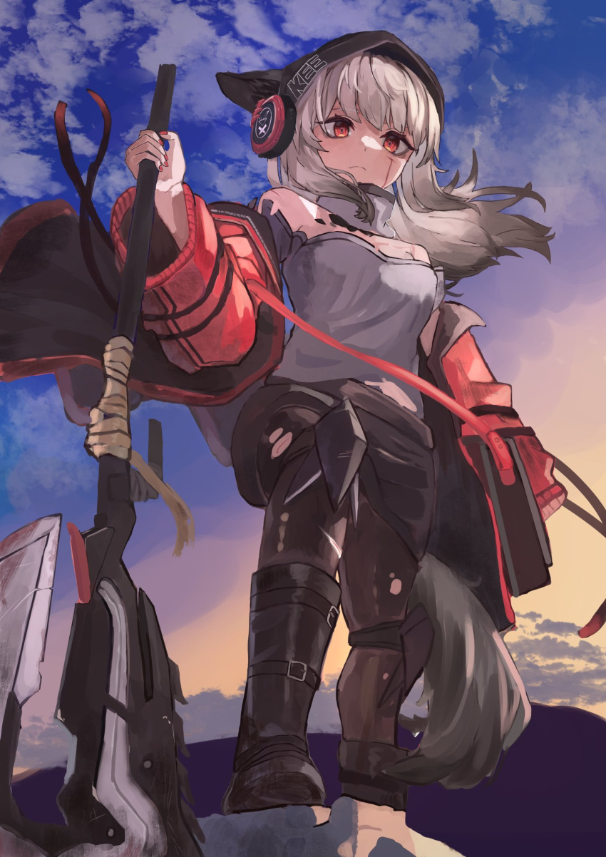 1girl animal_ears arknights axe bad_perspective beanie black_headwear black_skirt blood blood_on_face blue_sky brown_pantyhose commentary_request cuts fox_ears fox_girl fox_tail from_below frostleaf_(arknights) frown gradient_sky grey_hair grey_shirt hat highres holding holding_axe injury jacket long_hair looking_at_viewer looking_down oripathy_lesion_(arknights) pantyhose red_eyes red_jacket shirt sketch skirt sky solo suzubotan tail