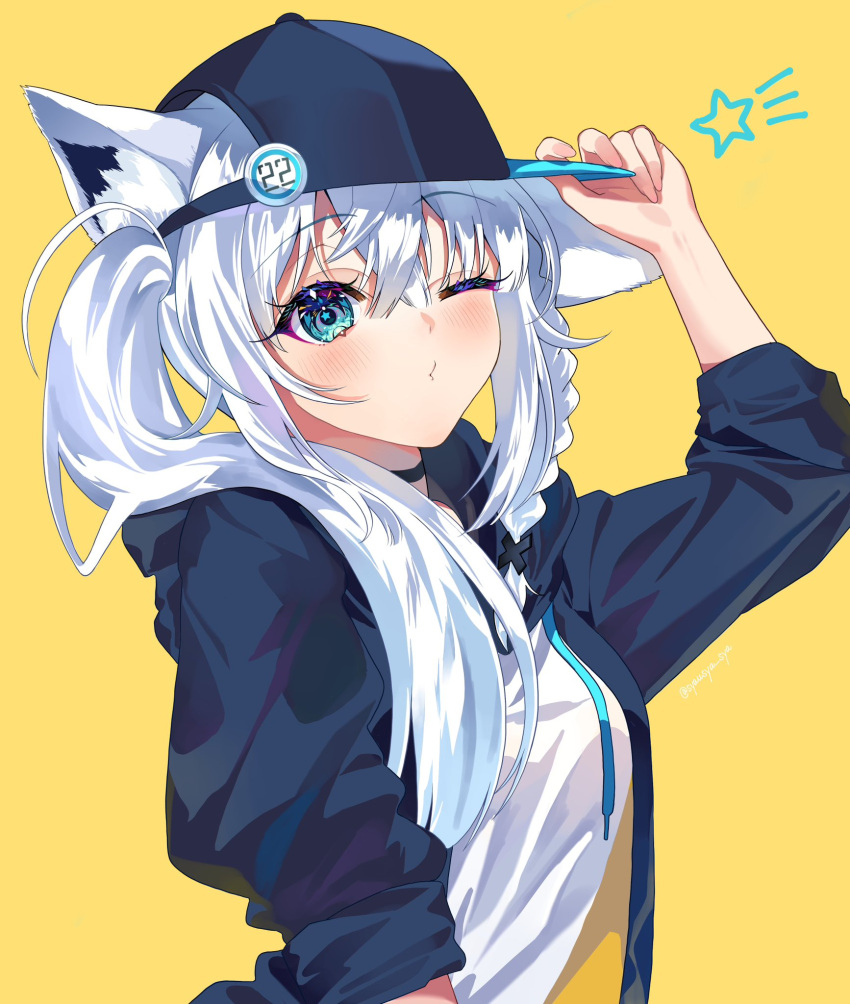 1girl alternate_costume animal_ear_fluff animal_ears aqua_eyes arm_up baseball_cap black_choker black_headwear blue_jacket blush braid choker commentary_request drawstring fox_ears fox_girl from_side hair_between_eyes hair_over_shoulder hand_on_headwear hat high_ponytail highres hololive jacket looking_at_viewer one_eye_closed open_clothes open_jacket puckered_lips shirakami_fubuki shirt side_braid side_ponytail sidelocks signature simple_background solo star_(symbol) syausya_sya virtual_youtuber white_hair white_shirt yellow_background