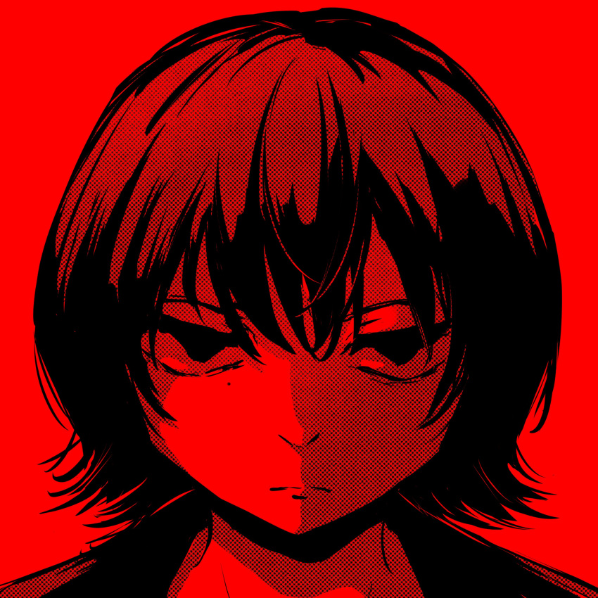 1other absurdres androgynous angry avogado6 closed_mouth commentary_request flipped_hair frown glaring highres looking_at_viewer mole mole_under_eye monochrome original portrait red_theme screentones shirt short_hair solo straight-on