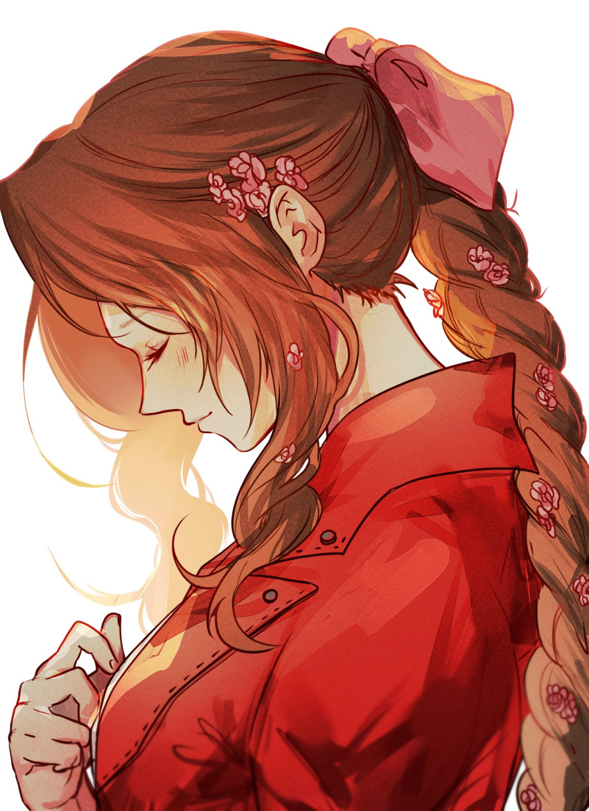 1girl aerith_gainsborough braid braided_ponytail breasts brown_hair closed_eyes closed_mouth final_fantasy final_fantasy_vii final_fantasy_vii_rebirth final_fantasy_vii_remake flower hair_flower hair_ornament hair_ribbon hand_on_own_chest happy_birthday highres jacket light_blush light_smile long_hair medium_breasts parted_bangs pink_flower pink_ribbon red_jacket ribbon sera_(serappi) sidelocks single_braid solo upper_body wavy_hair white_background