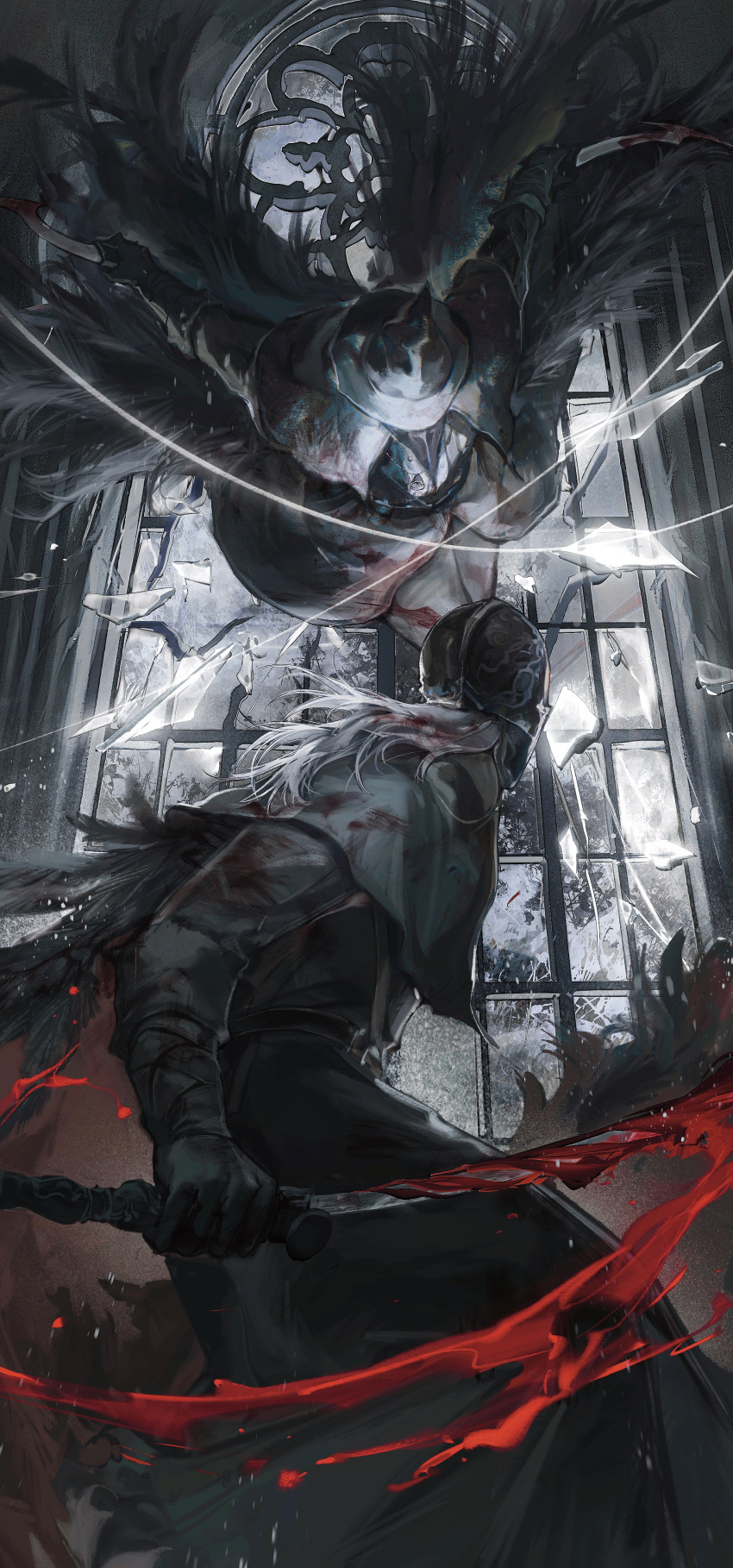 1boy 1other absurdres ambiguous_gender attack_trail black_capelet black_gloves black_headwear black_robe blood blood_in_hair blood_on_clothes blood_on_weapon bloodborne bloody_crow_of_cainhurst broken_glass broken_window cape capelet chinese_commentary commentary_request dagger dual_wielding duel facing_away fighting_stance from_below fur_cape glass gloves grey_cape grey_hair hat helm helmet highres holding holding_dagger holding_knife holding_sword holding_weapon hunter_(bloodborne) indoors jumping knife male_focus medium_hair midair outstretched_arms ramiica robe shards sword weapon window