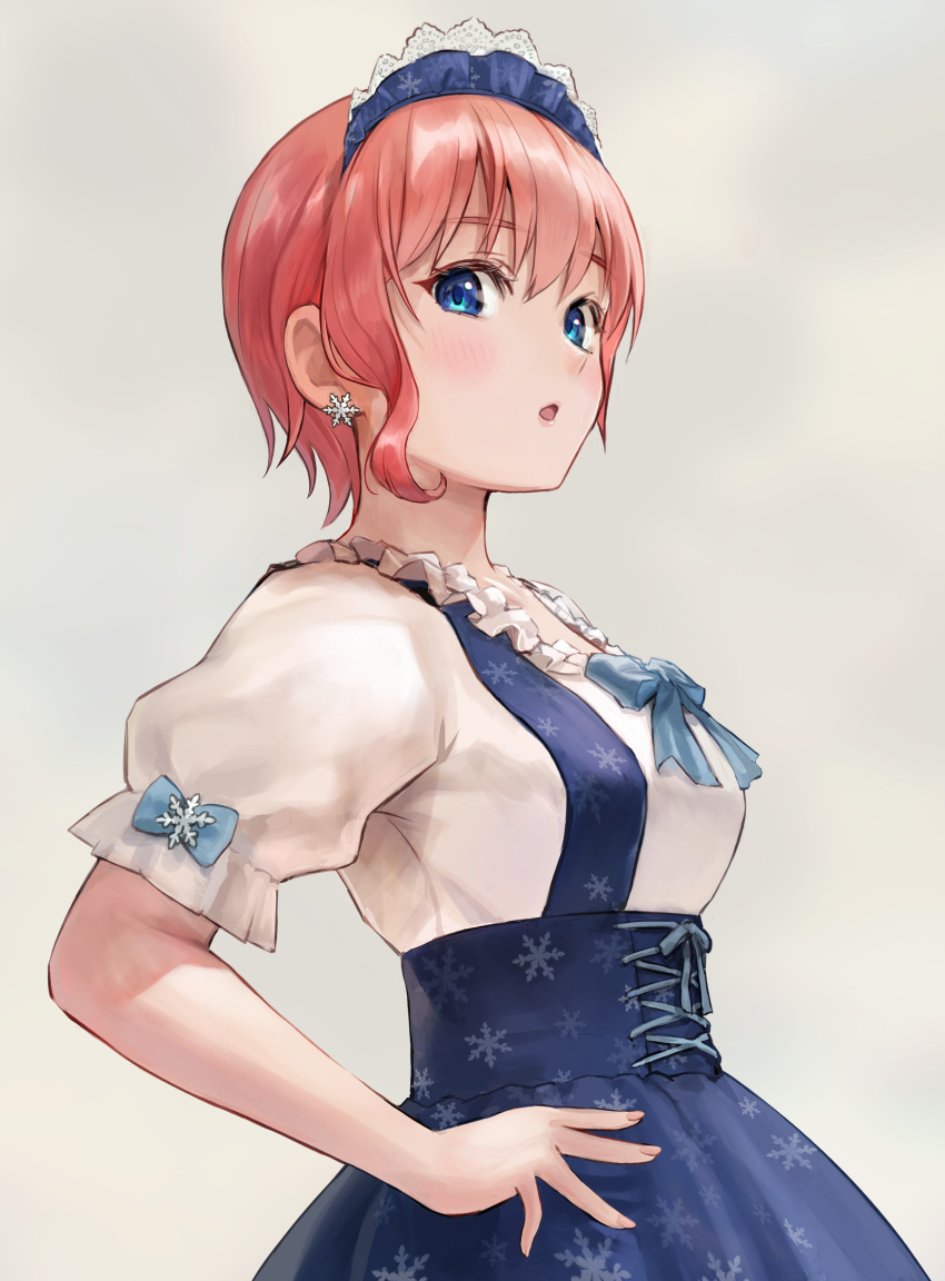 1girl :o absurdres blue_bow blue_corset blue_eyes blush bow commentary_request corset go-toubun_no_hanayome grey_background hand_on_own_hip highres ishiyuki looking_at_viewer nakano_ichika pink_hair puffy_short_sleeves puffy_sleeves revision short_hair short_sleeves simple_background solo upper_body
