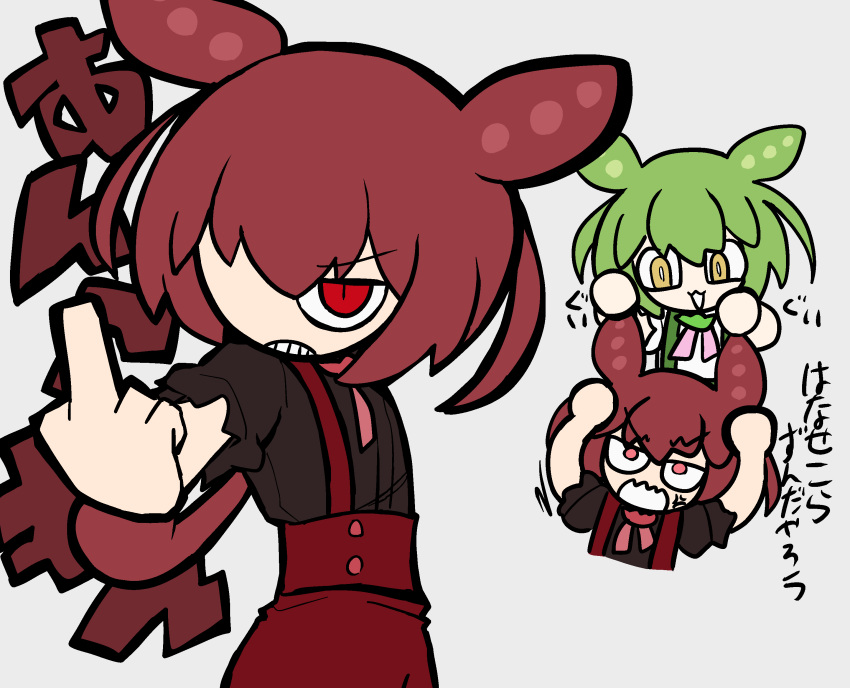 2girls 9chrono0 :3 absurdres anger_vein angry ankomon behind_another black_shirt bright_pupils brooch chibi chibi_inset commentary_request dual_persona glaring grabbing_another's_hair green_hair highres jewelry jitome long_hair looking_at_another low_ponytail middle_finger multiple_girls multiple_views neck_ribbon open_mouth outstretched_arm pink_ribbon redhead ribbon sanpaku scowl shirt shirt_tucked_in short_sleeves simple_background slit_pupils smile suspenders translation_request v-shaped_eyebrows voicevox white_pupils white_shirt zundamon