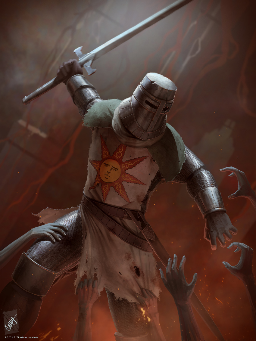 1boy absurdres armor armored_boots artist_name belt black_belt black_gloves boots dark_souls_(series) dark_souls_i dated feet_out_of_frame gloves helm helmet highres holding holding_sword holding_weapon shiny_clothes signature solaire_of_astora solo_focus sun_print sword themaestronoob weapon