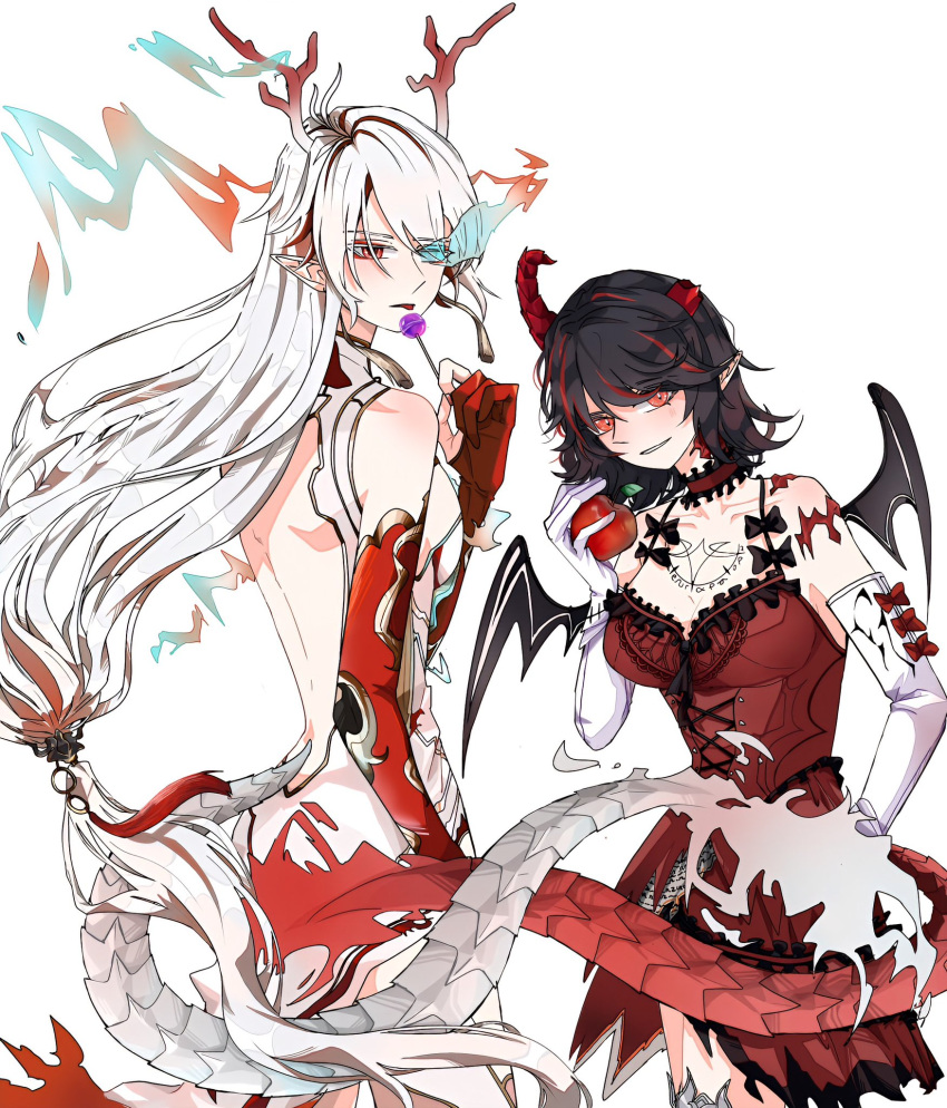 2girls alpha_(punishing:_gray_raven) apple arknights backless_dress backless_outfit black_hair blue_eyes broken_horn candy check_copyright chest_tattoo choker chupa_chups copyright_request demon_horns demon_wings dragon_horns dragon_tail dress elbow_gloves flame-tipped_tail flaming_eye food frilled_choker frills fruit gloves gradient_horns heterochromia highres holding holding_food holding_fruit horns lollipop long_hair lucia:_crimson_weave_(punishing:_gray_raven) lucia:_plume_(punishing:_gray_raven) lucia_(punishing:_gray_raven) medium_hair multicolored_hair multicolored_horns multiple_girls partially_fingerless_gloves pointy_ears ponytail punishing:_gray_raven red_choker red_dress red_eyes red_gloves streaked_hair tail tattoo violessastvira white_background white_dress white_gloves white_hair white_horns wings