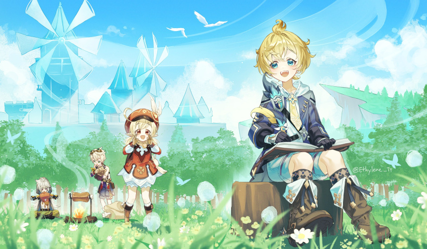 1girl 3boys :d :o ahoge antenna_hair arm_guards artist_name backpack bag bandaid bandaid_on_face bandaid_on_nose bennett_(genshin_impact) bird black_coat black_gloves black_socks blonde_hair bloomers blue_eyes blue_jacket blue_shorts blue_sky blurry blurry_foreground blush boned_meat book book_on_lap boots brown_bag brown_footwear brown_gloves bug building butterfly cabbie_hat campfire cliff clouds cloudy_sky clover_print coat collared_shirt commentary dandelion day dodoco_(genshin_impact) dress eating english_commentary ethylene_ty eyelashes fire firewood flower fold-over_boots food forest genshin_impact gloves glowing_butterfly goggles goggles_on_head grass green_eyes green_pants grey_hair hair_between_eyes hands_up hat hat_feather highres holding holding_food holding_quill hood hood_down hood_up hooded_coat hoodie jacket klee_(genshin_impact) lapels long_hair long_sleeves looking_at_another looking_back looking_down low_twintails meat medium_hair mika_(genshin_impact) mountain multiple_boys nature necktie on_grass open_book open_clothes open_coat open_jacket open_mouth outdoors pants pocket pointy_ears pom_pom_(clothes) quill razor_(genshin_impact) red_coat red_eyes red_headwear shirt short_hair shorts shouting sidelocks sitting_on_tree_stump sky sleeveless sleeveless_coat sleeveless_shirt smile smoke socks teeth tree tree_stump twintails twitter_username upper_teeth_only v-shaped_eyebrows vision_(genshin_impact) white_bloomers white_dress white_flower white_hair white_hoodie white_shorts white_socks wind windmill yellow_flower yellow_necktie