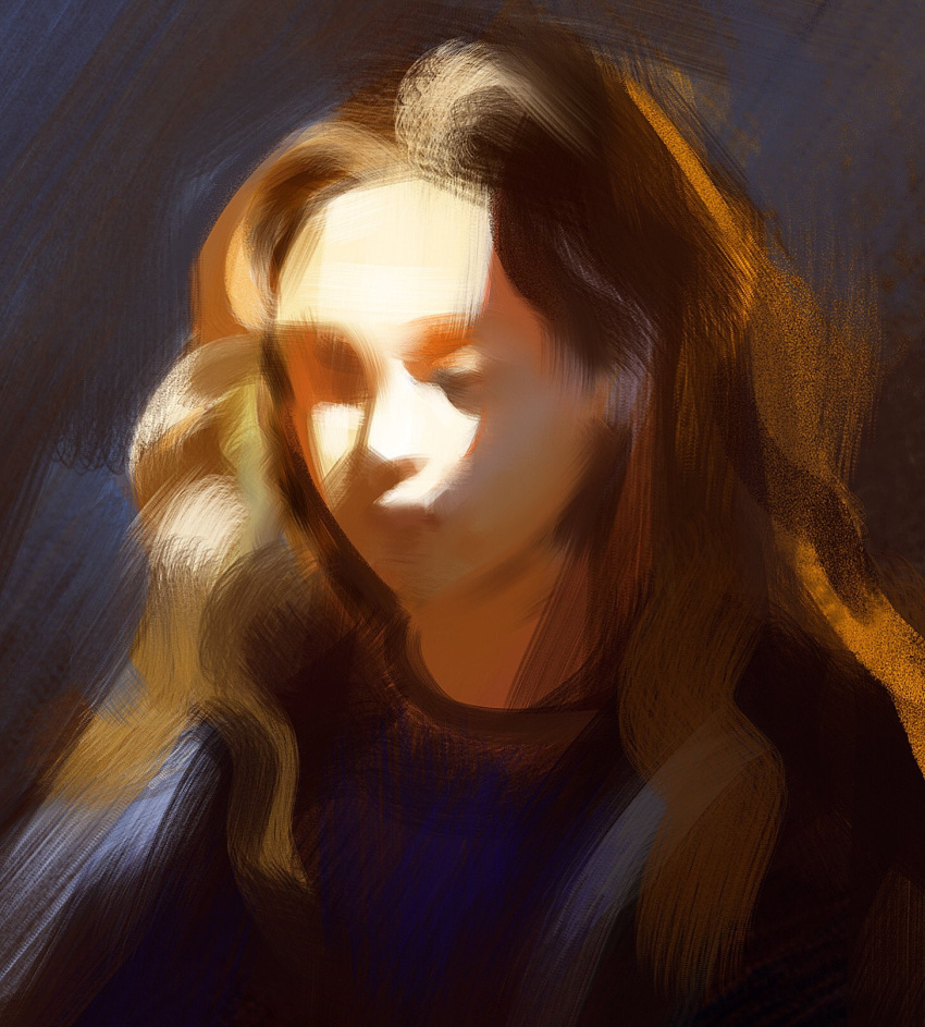 1girl abstract art_study blue_shirt brown_hair closed_eyes closed_mouth commentary english_commentary faux_traditional_media forehead highres light lips long_hair nose original portrait realistic shirt sketch solo sunlight upper_body wavy_hair yuming_li