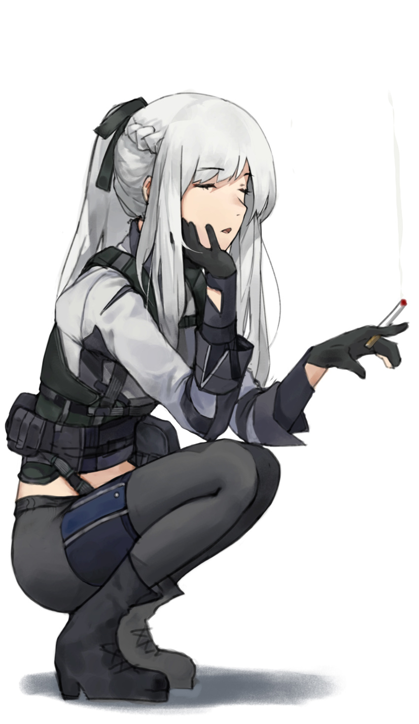 absurdres ak-12_(girls'_frontline) black_gloves boots braid cigarette closed_mouth coteri french_braid full_body girls_frontline gloves grey_hair hair_ribbon head_rest highres holding holding_cigarette long_hair pants partially_fingerless_gloves ponytail ribbon smoking squatting white_background
