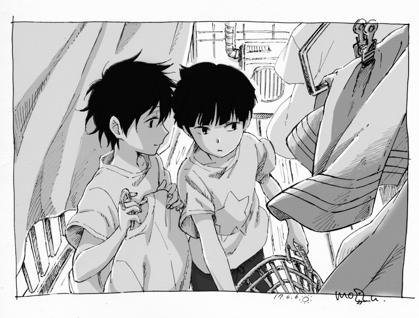 2boys air_conditioner basket blanket border bowl_cut brothers clothes_hanger clothes_pin drying drying_clothes eokonuzu greyscale hands_up holding holding_basket kageyama_ritsu kageyama_shigeo laundry laundry_basket long_sleeves looking_at_another male_focus mob_psycho_100 monochrome multiple_boys print_shirt profile railing shirt short_hair short_sleeves siblings sideways_glance smile star_(symbol) star_print t-shirt towel upper_body wind