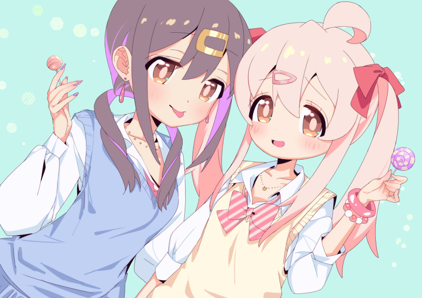 2girls :d :p ahoge aqua_background bead_bracelet beads black_hair blue_vest bracelet brown_eyes candy collarbone colored_inner_hair commentary_request earrings food gyaru hair_between_eyes hair_ornament hair_ribbon hairclip highres jewelry kogal lollipop long_hair long_sleeves looking_at_viewer low_twintails motituki0 multicolored_hair multiple_girls nail_polish necklace onii-chan_wa_oshimai! open_mouth oyama_mahiro oyama_mihari pink_hair purple_hair purple_nails red_ribbon ribbon shirt siblings simple_background sisters smile swirl_lollipop tongue tongue_out twintails two-tone_hair upper_body vest white_shirt yellow_vest