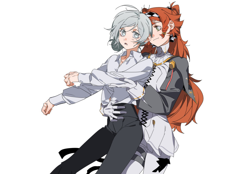 2girls black_pants bright_pupils capelet closed_mouth collared_shirt commentary dress freckles gloves green_eyes grey_capelet grey_eyes grey_hair hair_bun hand_on_another's_waist high_collar highres long_sleeves looking_at_another molu_stranger multiple_girls orange_hair pants reverse:1999 shirt shirt_tucked_in simple_background single_side_bun smile sonetto_(reverse:1999) symbol-only_commentary thigh_strap two_side_up vertin_(reverse:1999) white_background white_dress white_gloves white_pants white_pupils white_shirt yuri